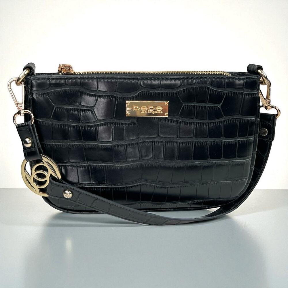 Vintage Y2K Bebe Black Faux Croc Embossed Shoulder Bag Gold Logo Purse Academia
